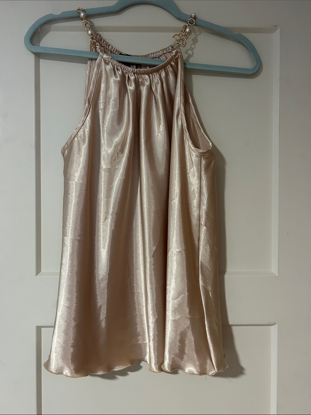 Chain-Trim Satin Halter Camisole in Champagne